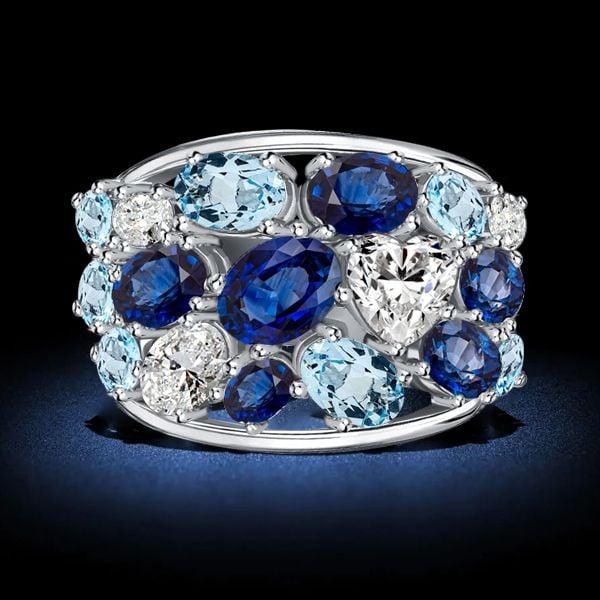 Oval Cut Blue Sapphire and Aquamarine Wedding Band in 925 Sterling Silver