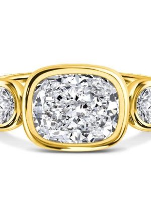Cushion Cut 3 Stone Engagement Ring with Bezel Setting in 18K Gold Plated Sterling Silver