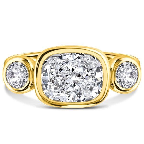 Cushion Cut 3 Stone Engagement Ring with Bezel Setting in 18K Gold Plated Sterling Silver