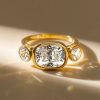 Cushion Cut 3 Stone Engagement Ring with Bezel Setting in 18K Gold Plated Sterling Silver