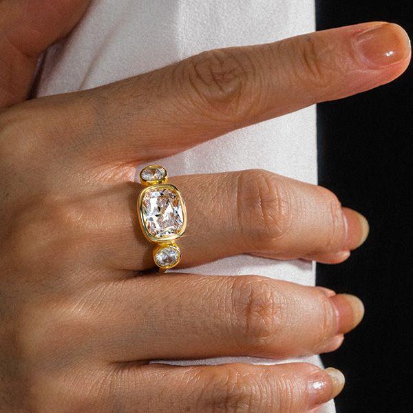Cushion Cut 3 Stone Engagement Ring with Bezel Setting in 18K Gold Plated Sterling Silver