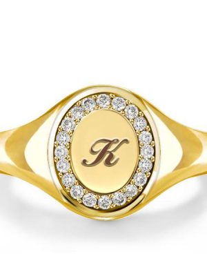 Personalized Initial Halo Signet Ring for Women - 18K Gold Plated Sterling Silver