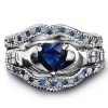 Claddagh Wedding Ring Set - Silver Plated with Created Sapphire - 3 Piece