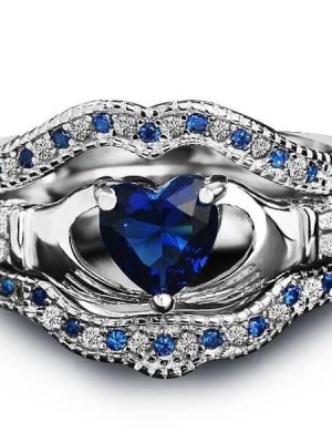 Claddagh Wedding Ring Set - Silver Plated with Created Sapphire - 3 Piece