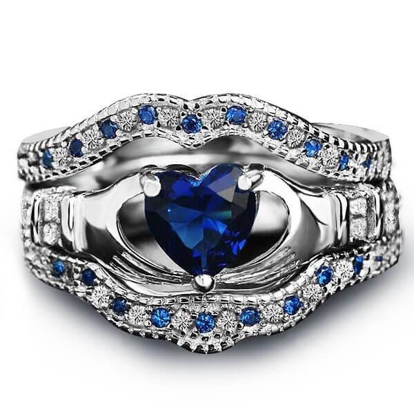 Claddagh Wedding Ring Set - Silver Plated with Created Sapphire - 3 Piece