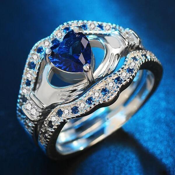 Claddagh Wedding Ring Set - Silver Plated with Created Sapphire - 3 Piece