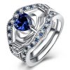 Claddagh Wedding Ring Set - Silver Plated with Created Sapphire - 3 Piece