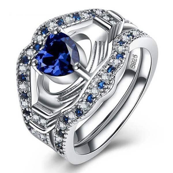 Claddagh Wedding Ring Set - Silver Plated with Created Sapphire - 3 Piece