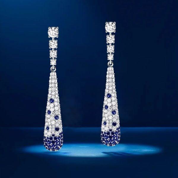 Sterling Silver Blue Sapphire Pave Drop Earrings with Push Backing