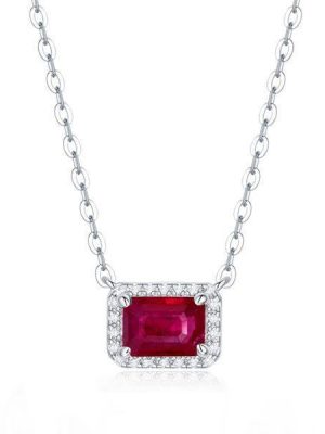 Emerald Cut Ruby & Sterling Silver Halo Pendant Necklace for Women