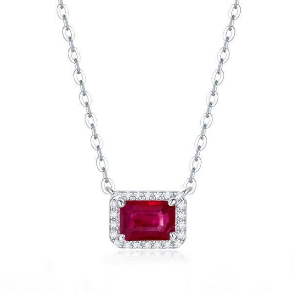 Emerald Cut Ruby & Sterling Silver Halo Pendant Necklace for Women