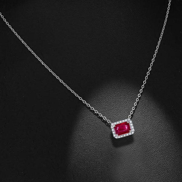 Emerald Cut Ruby & Sterling Silver Halo Pendant Necklace for Women