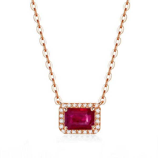 Emerald Cut Ruby & Sterling Silver Halo Pendant Necklace for Women