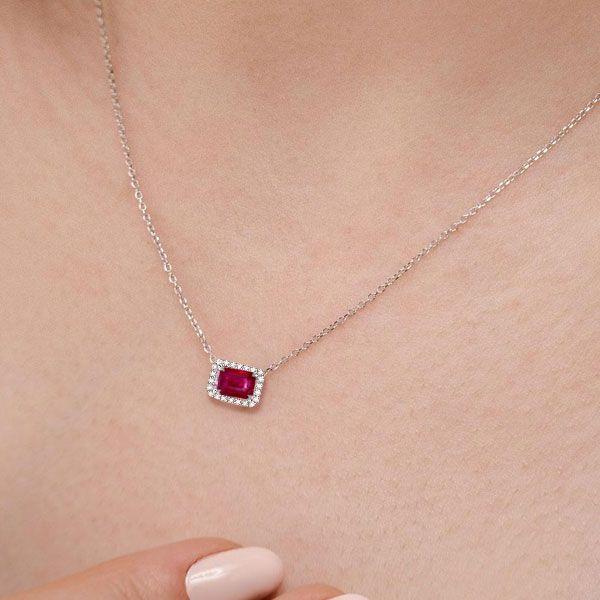 Emerald Cut Ruby & Sterling Silver Halo Pendant Necklace for Women
