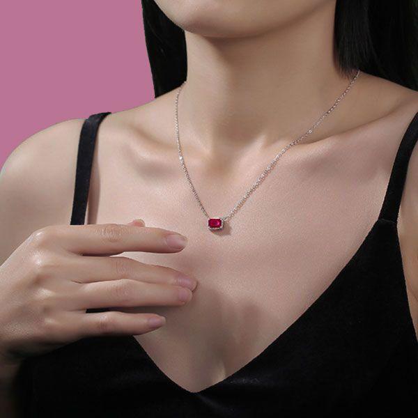 Emerald Cut Ruby & Sterling Silver Halo Pendant Necklace for Women
