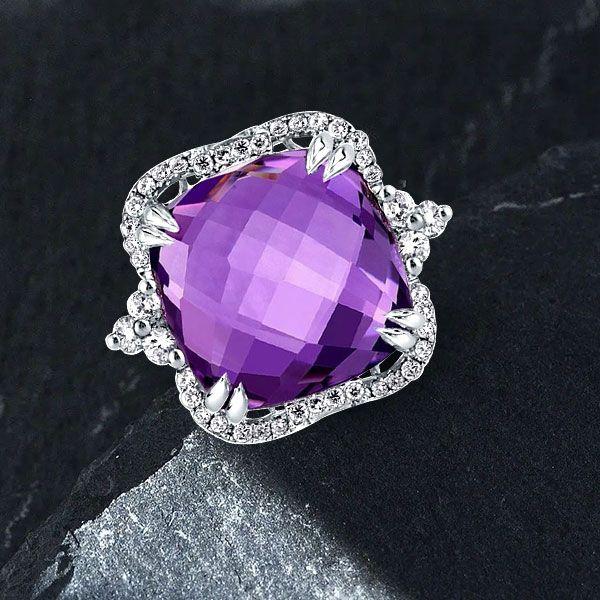 Cushion Cut Amethyst Engagement Ring - Sterling Silver 925, 15 Carat