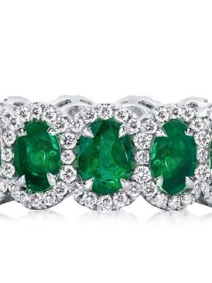 Emerald Green Eternity Band - Oval Cut Sterling Silver Wedding Ring for Women