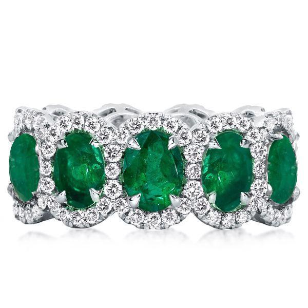 Emerald Green Eternity Band - Oval Cut Sterling Silver Wedding Ring for Women