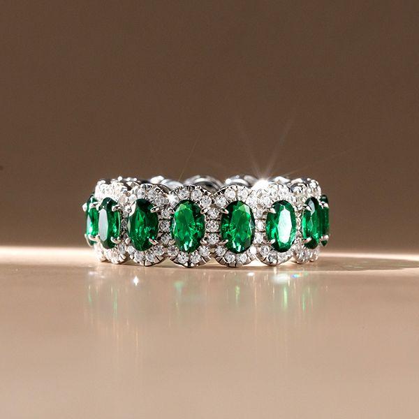 Emerald Green Eternity Band - Oval Cut Sterling Silver Wedding Ring for Women