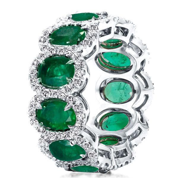 Emerald Green Eternity Band - Oval Cut Sterling Silver Wedding Ring for Women
