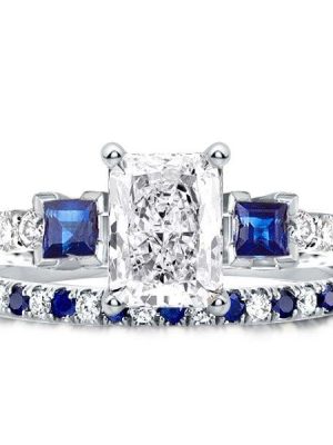 Three Stone Radiant Cut Bridal Wedding Ring Set in Rhodium-Plated Sterling Silver