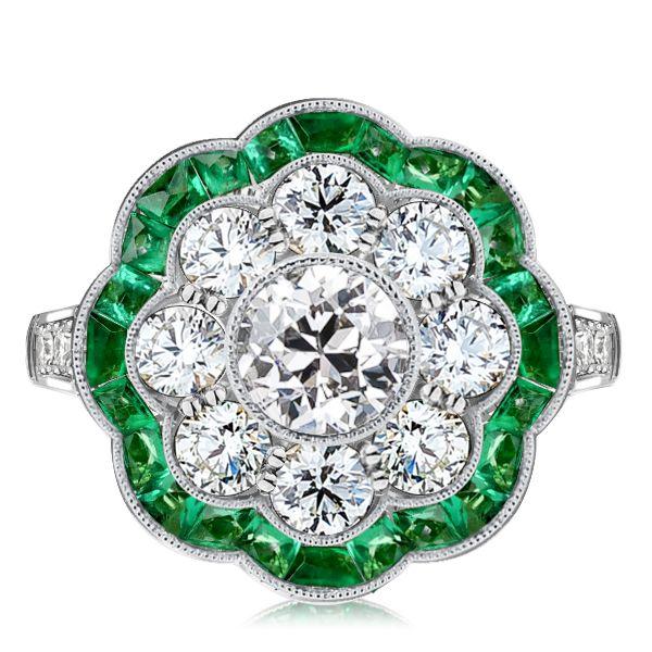 Antique Style Emerald Cluster Engagement Ring in Sterling Silver