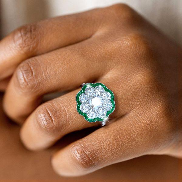 Antique Style Emerald Cluster Engagement Ring in Sterling Silver