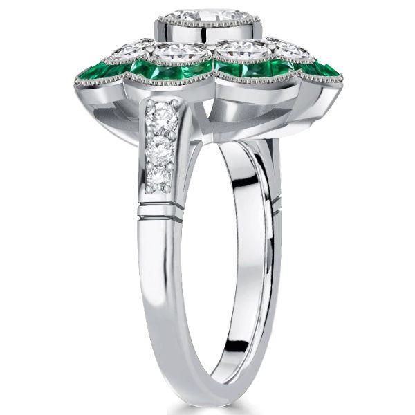 Antique Style Emerald Cluster Engagement Ring in Sterling Silver