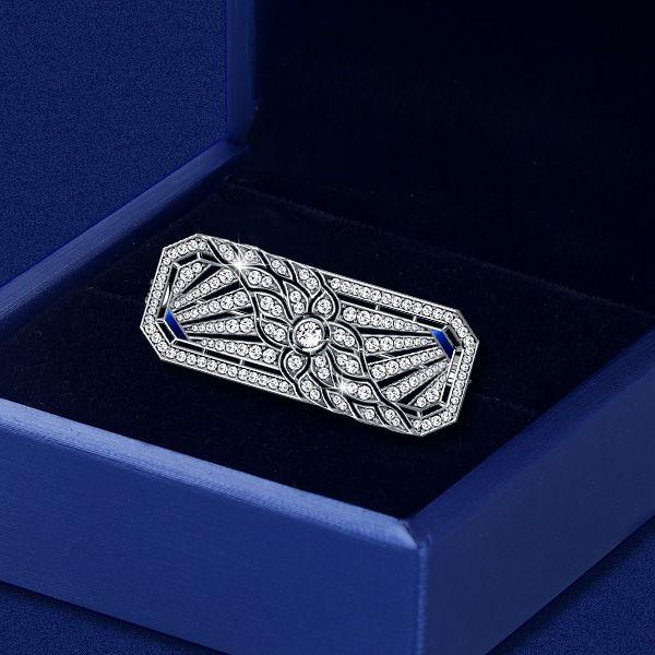 Art Deco White Sapphire Floral Brooch - Sterling Silver Plated