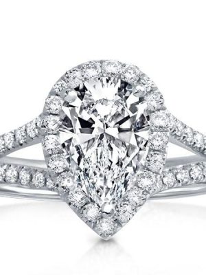 Created White Sapphire Pear Engagement Ring with Split Shank Halo Setting in Sterling Silver
