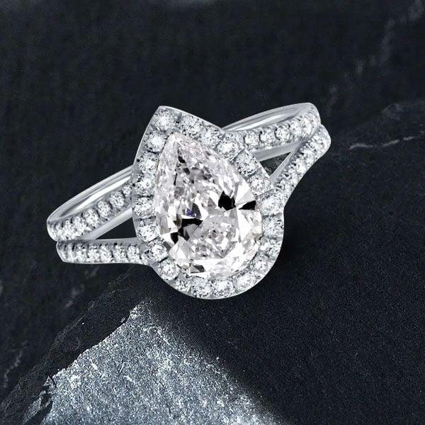 Created White Sapphire Pear Engagement Ring with Split Shank Halo Setting in Sterling Silver