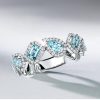 925 Sterling Silver Halo Aquamarine Wedding Band with Pear & Emerald Cut Stones