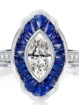 Marquise Cut Halo Engagement Ring - Sterling Silver Milgrain Design