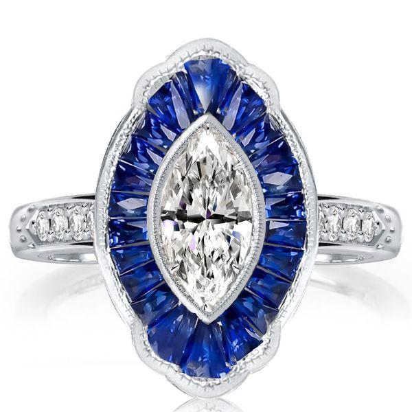 Marquise Cut Halo Engagement Ring - Sterling Silver Milgrain Design