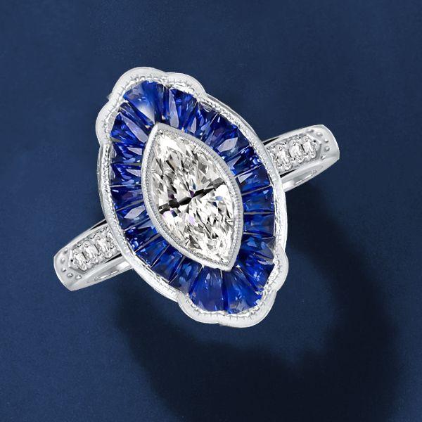 Marquise Cut Halo Engagement Ring - Sterling Silver Milgrain Design