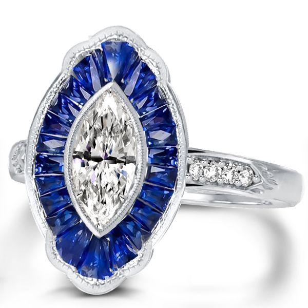 Marquise Cut Halo Engagement Ring - Sterling Silver Milgrain Design