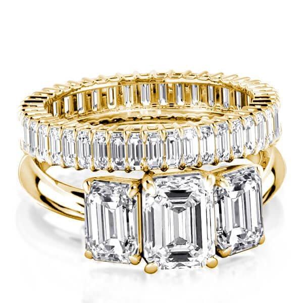 3 Stone Emerald Cut Solitaire Bridal Set in 18K Gold Plated Sterling Silver