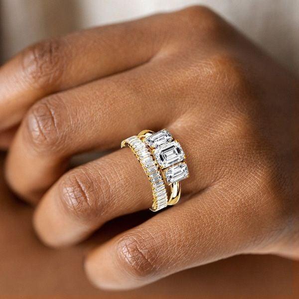 3 Stone Emerald Cut Solitaire Bridal Set in 18K Gold Plated Sterling Silver