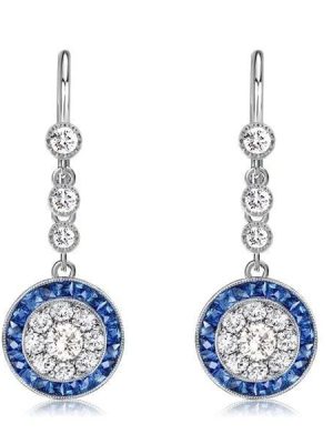 Halo Milgrain White & Blue Drop Earrings in Rhodium-Plated Sterling Silver