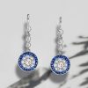 Halo Milgrain White & Blue Drop Earrings in Rhodium-Plated Sterling Silver