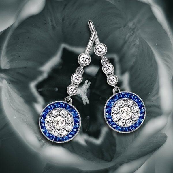 Halo Milgrain White & Blue Drop Earrings in Rhodium-Plated Sterling Silver