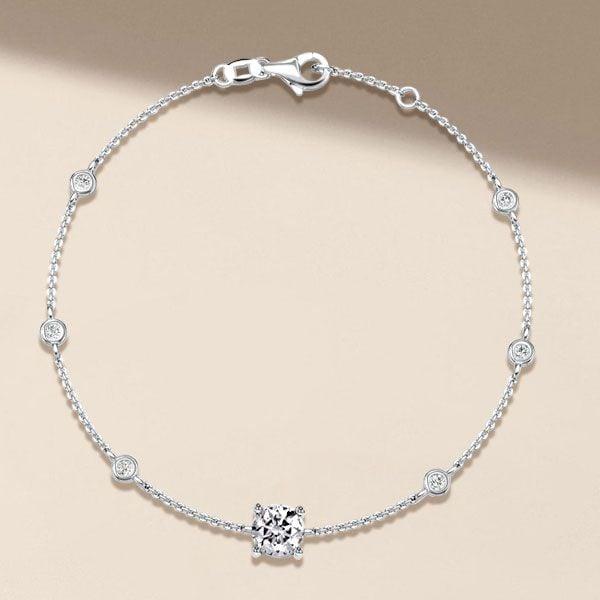 925 Sterling Silver Round Cut Bezel Setting Chain Bracelet for Women