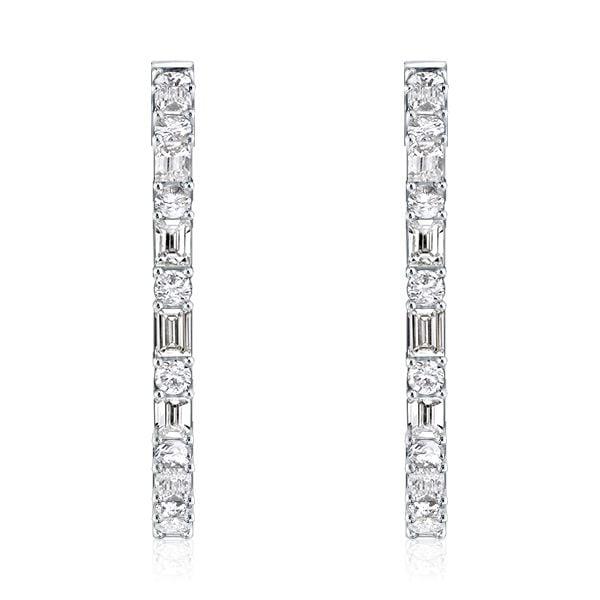 Baguette Cut Sterling Silver Hoop Earrings for Women | Rhodium Plated Hinged Closure