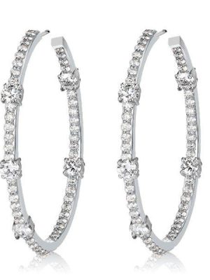 White Sapphire Hoop Earrings for Women - Sterling Silver Round Cut - 47mm