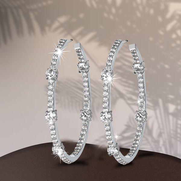 White Sapphire Hoop Earrings for Women - Sterling Silver Round Cut - 47mm