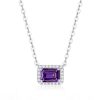 Emerald Cut Amethyst Halo Pendant Necklace in Sterling Silver with Rhodium Plating