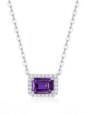 Emerald Cut Amethyst Halo Pendant Necklace in Sterling Silver with Rhodium Plating
