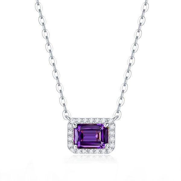 Emerald Cut Amethyst Halo Pendant Necklace in Sterling Silver with Rhodium Plating