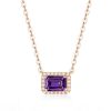Emerald Cut Amethyst Halo Pendant Necklace in Sterling Silver with Rhodium Plating
