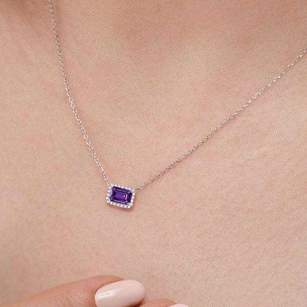 Emerald Cut Amethyst Halo Pendant Necklace in Sterling Silver with Rhodium Plating